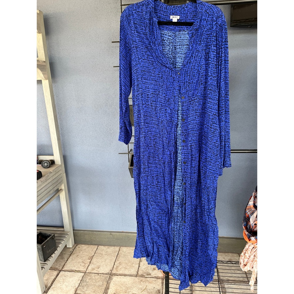 DKNY Blue Black Animal Print Maxi Shirt Dress Boho Button Down Pockets M